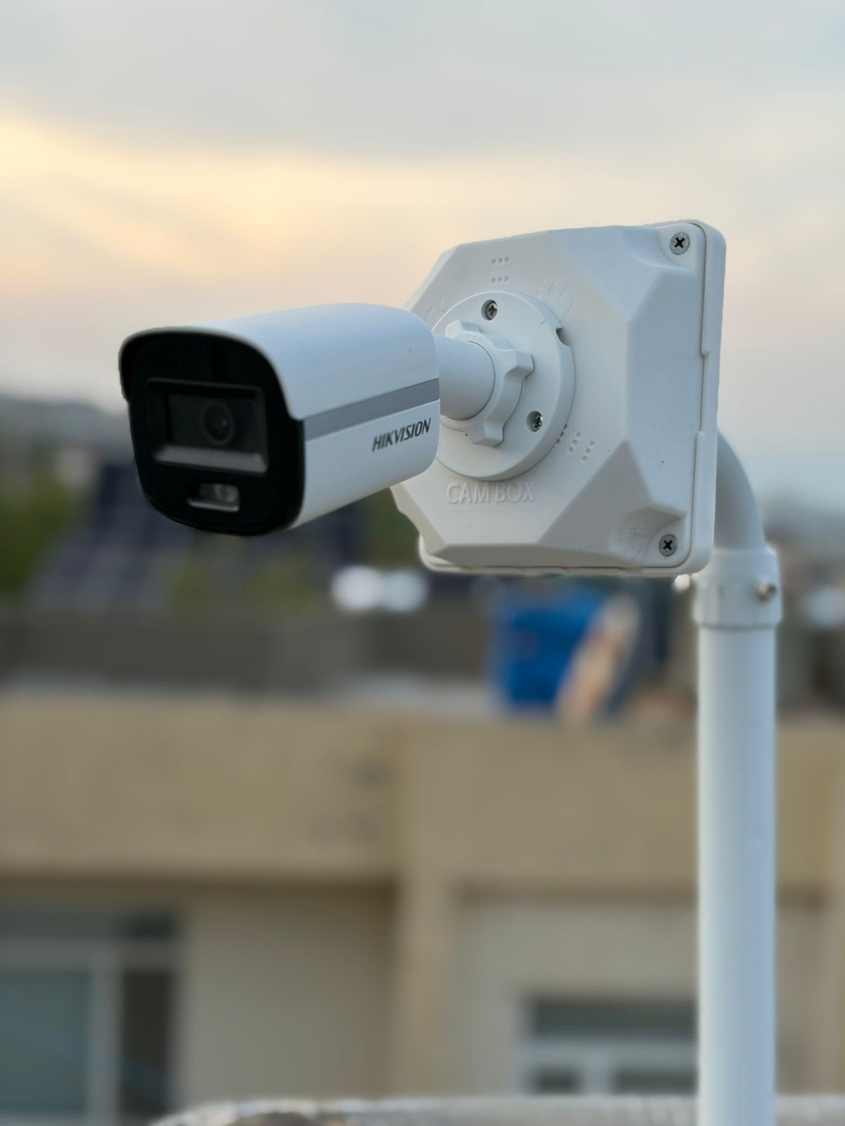 Hikvision Camera on Pole at Dusk